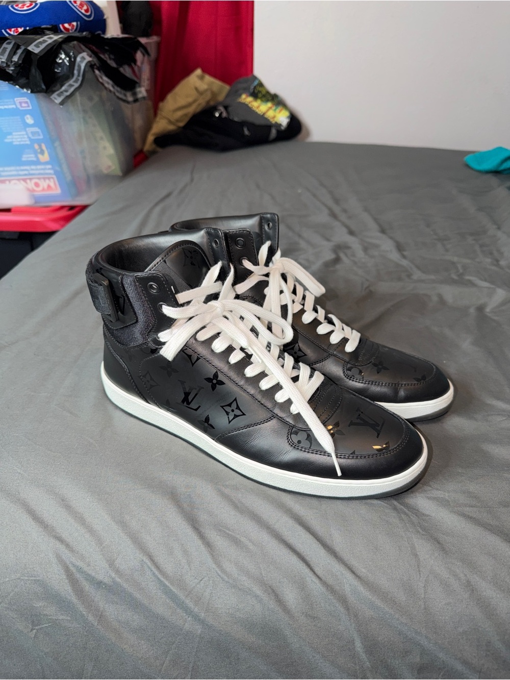 Louis Vuitton Black Monogram High-Top Sneakers with White Laces